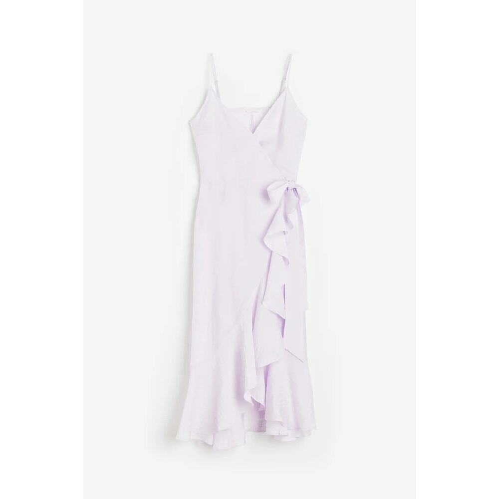 NWT H&M Lilac Ruffle Flounce Wrap Midi Dress Adjustable Straps Tie Waist Size L